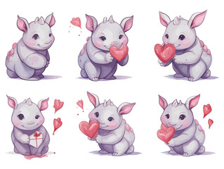 Watercolor valentines day love rhinoceros couple, hand drawn watercolor illustration for greeting card or invitation design