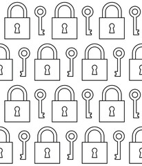 Vector seamless pattern of flat outline key and lock isolated on white background