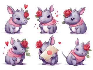 Watercolor valentines day love rhinoceros couple, hand drawn watercolor illustration for greeting card or invitation design