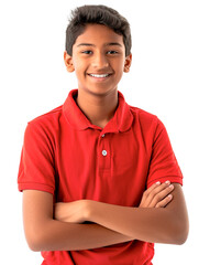 Teenage Indian employee with short hair, smiling warmly in a red polo uniform, standing against a transparent background.