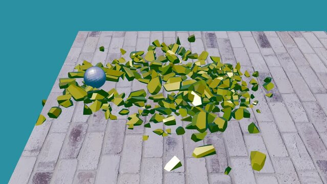 3D animation of destruction, 3D animation of a moving ball destroying a box into pieces, cortoon, short film