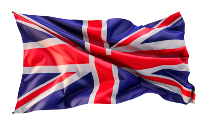 The Union Jack, the national flag of the United Kingdom, waving gracefully on a transparent background.