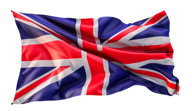 The Union Jack, the national flag of the United Kingdom, waving gracefully on a transparent background.