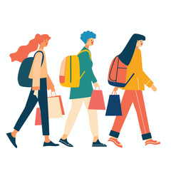 Three women walking side side carrying shopping bags backpacks, trendy attire. Women enjoying shopping, colorful clothes, casual fashion style, modern female characters. Shopping friends
