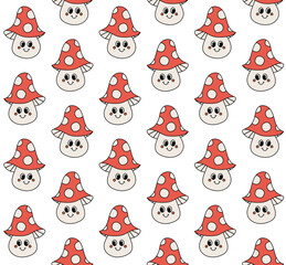 Vector seamless pattern of groovy retro cartoon fly agaric mushroom isolated on white background