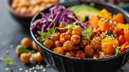 vegan buddha bowl with chickpeas, avocado, red cabbage, bell peppers with sesame seeds, microgreens