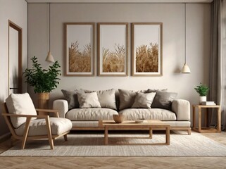 Fototapeta premium Living room with sofa and window with plant on the wall.