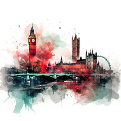 This minimalist London cityscape in watercolor effect is perfect for enhancing your artistic prints, travel promotions, and modern decor projects with soft, flowing watercolor strokes