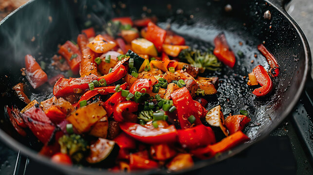 vegan stir fry cooking in a pan with bell peppers, broccoli, and onions, vegetarian cuisine