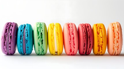 Colorful Rainbow Macarons Neatly Arranged in a Row on White Background
