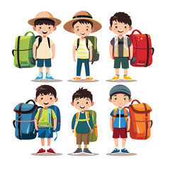 Six boys posing happily, carrying large colorful backpacks, dressed casual clothing travel hiking. Characters displaying diversity readiness adventure camping, smiling. Animated children looking