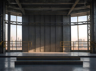 A bright daylight podium image of empty indoor space located on high floor which under construction surrounded by steel and concrete structures.