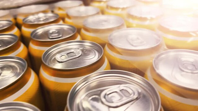 Close-up of Rows of Bright Yellow Tin Cans with Beer or Soda Wrapped in Packaging at Warehouse or Wholesale Store | Beverage Inventory and Supply Storage Stock Footage