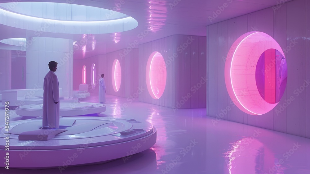 Wall mural A futuristic room with pink walls and a pink circle in the middle