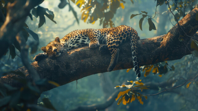 Leopard Sleeping on Branch in Jungle