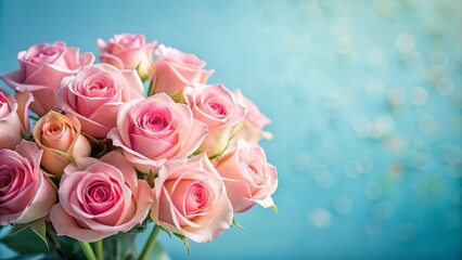 Obraz premium Delicate pink rose bouquet blooms elegantly against a serene blue background, perfect for valentine's day, mother's day, and women's day celebrations.