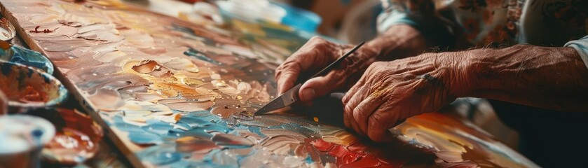 Naklejka premium Close-up of an artist's hands intensely painting a colorful canvas with brushes, showcasing creativity and passion in fine art.