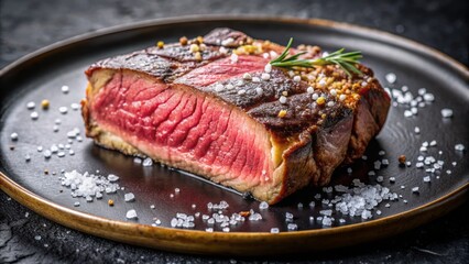 Close-up of a tender 2cm beef cut on a black plate with salt, featuring a marbled texture, pink center, and golden crust, cooked to medium rare perfection.