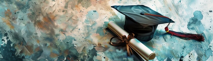 Graduation cap and diploma on a textured background, symbolizing academic achievement and the journey of education completion.
