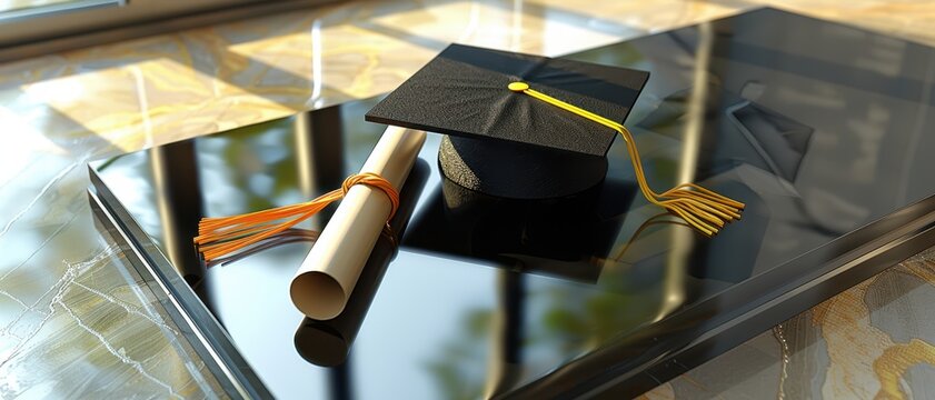 Graduation cap and diploma resting on a tablet, symbolizing digital learning and academic success in a modern educational setting.