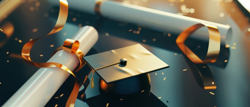 Graduation celebration with diploma scrolls and mortarboard hat, adorned with golden ribbons and confetti in a festive setting.