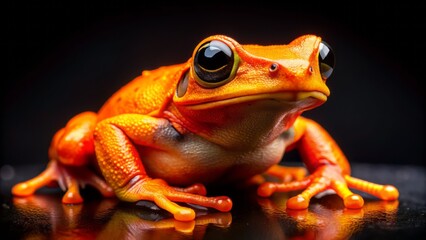 Fototapeta premium A vibrant orange suit-clad frog perches on a sleek black backdrop, radiating whimsical charm with its bright eyes and sharp, high-contrast portrait.