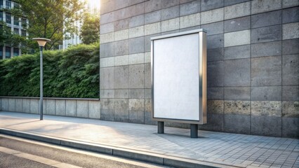 Empty sidewalk scene with a large white paper or sticker poster adhered to a dull wall, awaiting promotional content insertion.