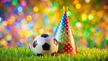 Fototapeta premium Vibrant background featuring a soccer ball adorned with a colorful birthday party hat, perfect for celebrating a child's special day.