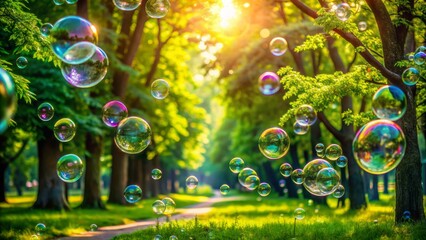 Vibrant green park scenery with big flying iridescent soap bubbles floating gently in warm sunny summer air amidst lush foliage background.