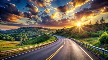 Scenic winding asphalt freeway stretches into the distance, symbolizing life's journey, inviting contemplation and appreciation for the path ahead.