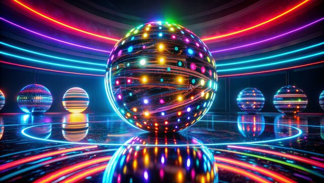 Vibrant led neon lights illuminate a dark black background in a stunning 12k hdri abstract spherical panorama environment.