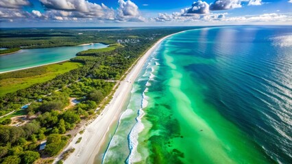 Fototapeta premium Aerial view of florida's southeastern coast, showcasing turquoise ocean waters, white sandy beaches, and lush green forest landscapes.