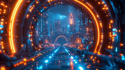 A futuristic city with a tunnel in the middle