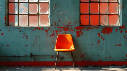 A chair is sitting in front of a wall with red paint peeling off