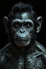 Symmetrical Chimpanzee Tattoo Design with Subtle Tribal Patterns - Monochrome Ink, Bold Makeup, and Glitch Art