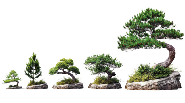 A series of five beautifully curated bonsai trees showcasing their growth stages, displayed on intricate stone bases, perfect for nature and art admirers.