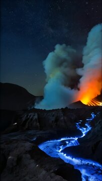 Vulcan crater at night with blue lava 4k virtual video background
