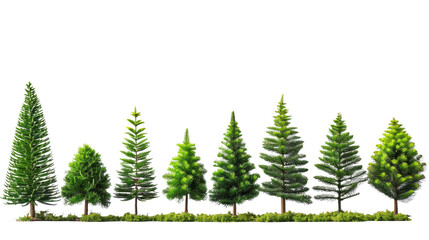 Fototapeta premium A variety of green pine trees lined up side by side, showcasing different shapes and sizes, isolated on a white background.