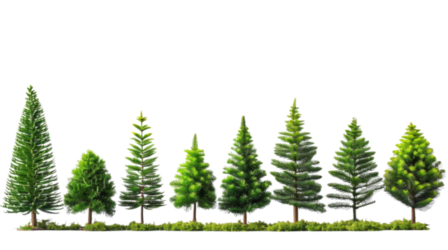 A variety of green pine trees lined up side by side, showcasing different shapes and sizes, isolated on a white background.