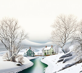 A calm snowy mountain village landscape illust with 
clear and bright sky, green houses, fences and river.