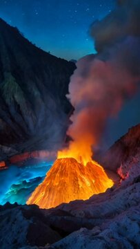 Vulcan crater at night with blue lava 4k virtual video background