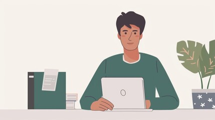 illustration Student attending an online class with a laptop in a comfortable home setting