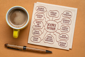 science fiction, speculative fiction that explores imaginative and futuristic concepts based on science and technology - sketch mind map infographics © MarekPhotoDesign.com