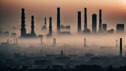 An urban skyline shrouded in thick smog, with only the silhouettes of buildings and industrial chimneys visible. The sky is a dull gray, and the sun is barely piercing through the heavy pollution, ill