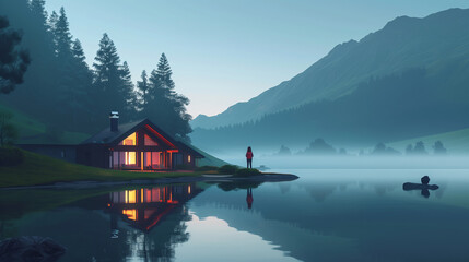 Fototapeta premium Scenic Lake Bled reflects snow-capped mountains in its still water, a summer landscape 