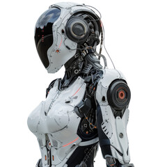 Futuristic white humanoid robot with sleek design and advanced technology, showcasing cybernetic enhancements and artificial intelligence.