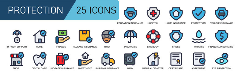 icon set protection.style fill color.contains BANK,SAFE,NATURAL DISASTER,AGREEMENT,CERTIFICATE,EYE PROTECTION,EYE.
