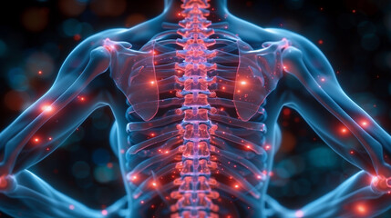 3D medical illustration of a human skeleton with highlighted spine, shoulder and neck pain areas
