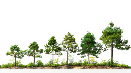 Row of diverse green trees in a forest setting, showcasing various tree species and lush foliage on a sunny day.