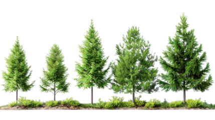 Row of pine trees in varying heights, isolated on a white background. Perfect for nature and outdoor related designs.